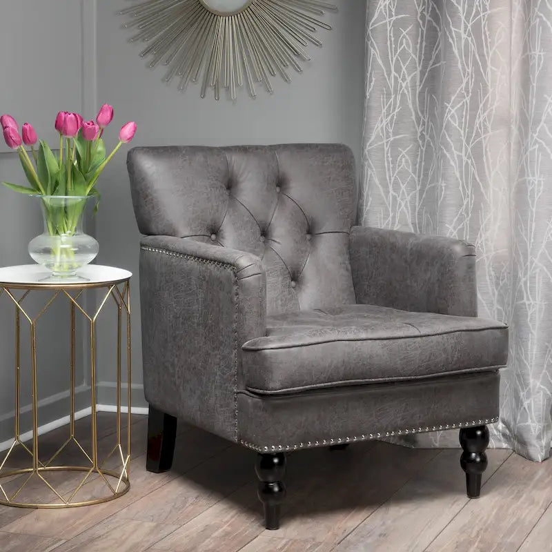 Klubové křeslo z mikrovlákna s knoflíky a cvočky – 28Š x 31,75H x 35V