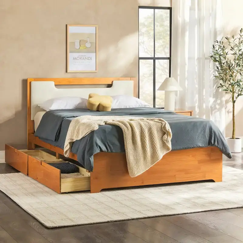 Úložná plošinová postel z masivu ve stylu Mid-Century Modern