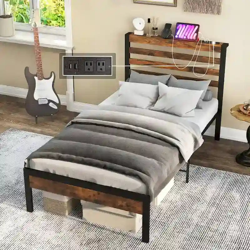 Plnohodnotný rám postele z průmyslového kovu s nabíjecí stanicí