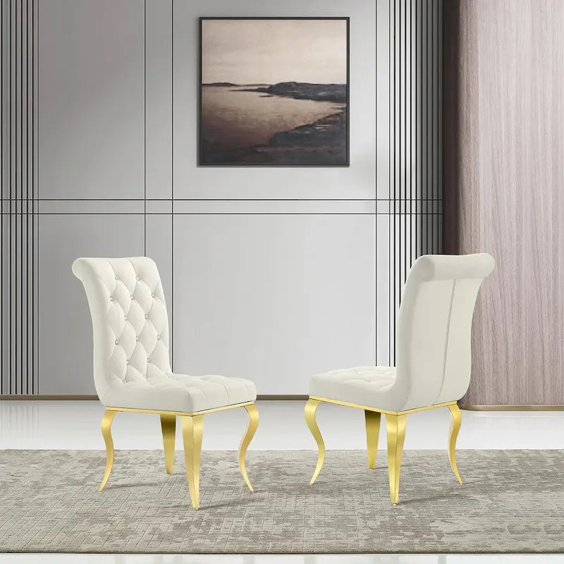 Luxury White Velvet Dining Chairs with Crystal Decor Button Tufted Back and Gold Metal Legs