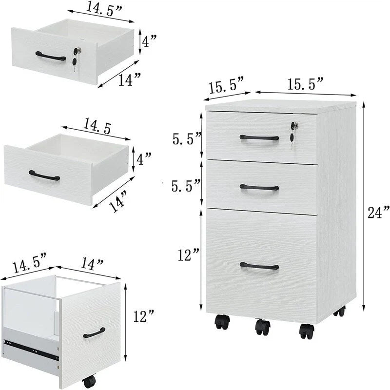 3-zásuvková uzamykatelná dřevěná kartotéka s kolečky - 39,4D x 39,4Š x 61V